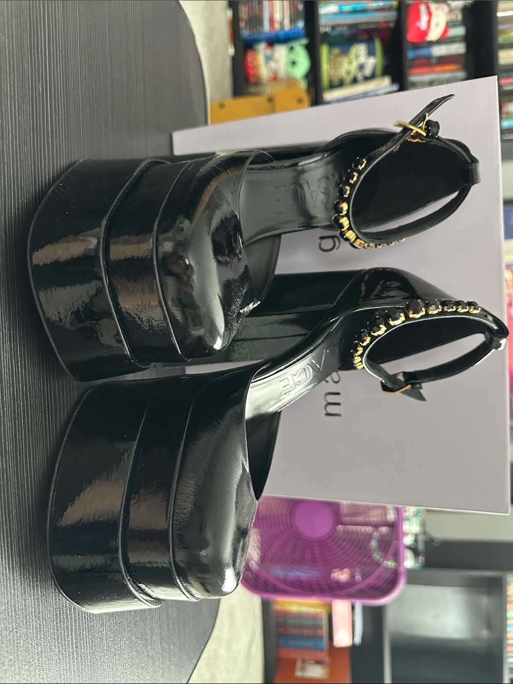 Versace Black Patent Platform Sandals with Gold Chain Ankle Strap